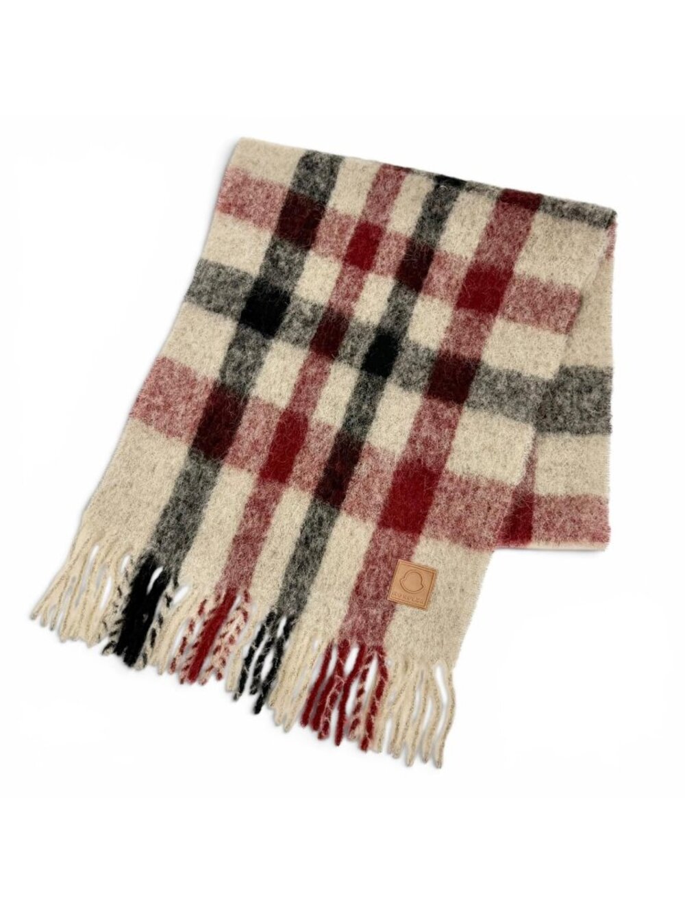 Moncler Sciarpa Mohair Alpaca Logo Leather Patch Plaid Fringe Large Scarf Beige
